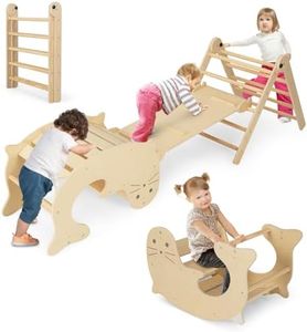 COSTWAY 7 en 1 Triángulo de Escalada Montessori, Escalador de Madera Plegable con Rampa Reversible, Balancín y Escalador de Leones Marinos, Mesa de Juegos y Túnel, para Niños de 3-14 años (Natural)