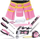 REXBETI 18pcs Pink Young Builder's Tool Set with Real Hand Tools, Reinforced Kids Tool Belt, Waist 20"-32", Kids Learning Tool Kit for Home DIY and Woodworking