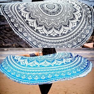 Folkulture Set of 2 Ombre Mandala Round Tapestry Hippie Indian Mandala Roundie Picnic Table Cover Hippy Spread Boho Gypsy Cotton Tablecloth Beach Towel Meditation Round Yoga Mat-72, Black/Grey Blue