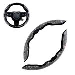 Flymotor Bling Bling Diamond Leather Steering Wheel Cover with Crystal Rhinestones Sparkling Car Interior Accessories Universal Fit Wheel Protector for Women Men,2pcs,Black with White Diamond