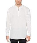 Perry Ellis Men's Long Sleeve Solid Linen Popover Shirt, Bright White, Medium