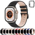 Fullmosa Compatible with Apple Watch Straps 49mm 45mm 44mm 42mm, Genuine Leather iWatch Replacement Bands with Case for Series 9/8/7/6/5/4/3/2/1/SE/SE2 for Women Men, Noir Black+Space Grey Buckle