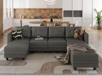 LLAPPUIL Modular Sectional Sofa with Reversible Chaises, Faux Leather Fabric 7 Seater Modular Sofa with Storage, U Shape Sectional Couch with Ottomans, Dark Grey