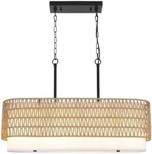 HMVPL Rattan Chandeliers for Dining Room, Boho Dining Room Light Fixture, 5-Lights Linear Kitchen Chandeliers Pendant Light with Fabric Shade, Long Farmhouse Chandelier for Kitchen Island(31.5")