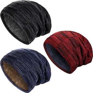 Geyoga 2/3/4 Pack Winter Beanie Hat Warm Slouchy Beanies Men Knitted Beanie Hats Fleece Lined Skully Cap, Black, Wine Red, Navy Blue