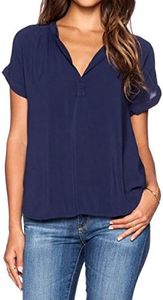 LILBETTER Women Chiffon Blouse V Neck Short Sleeve Top Shirts (Navy Blue,Large)