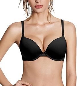 Pushlus Push Up Thick Padded Plunge Underwire T Shirt Lace Bra Lift Support for Women Add One Cup, Solid Black Bra, 32A