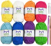 Mira Handcrafts 8 Acrylic Yarn Bonbons | Total of 525 yards Craft Yarn | Includes 2 Crochet Hooks, 2 Weaving Needles, 7 E-books | DK Yarn for Knitting and Crochet | Perfect Beginner Kit