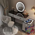 GOOCOO Dressing Table with LED Lights Mirror and Stool, Vanity Makeup Table Set with 5 Storage Drawers,Bedroom/Living room Intelligent Dressing Tables, (Gray/100cm)