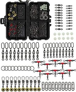 SUPERTHEO Fishing Accessories Kit with Hooks Bullet Bass Casting Sinkers Fishing Swivels Snaps Sinker Slides Fishing Line Beads Fishing Set with Tackle Box Lanyard, 90PCS Swivels