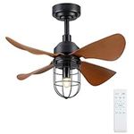 Kviflon Farmhouse Caged Ceiling Fans with Lights Remote Control, 30 Inch Rustic Small Reversible Ceiling Fan 6 Speeds with 2 Downrods for Kitchen Porch Patio Fandelier, E27 Bulb Included