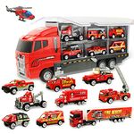 Coolplay 10 in 1 Fire Truck Car Toy Set for Boys, Carrier Truck with Little Vehicles for Boys, Rescue Emergency Vehicles for 3-6 Years Old