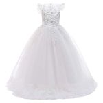 FYMNSI Flower Girl Dress Princess Lace Floral Embroidered Tulle Tutu Maxi Long Dresses for Kids Teenager Junior Bridesmaid Wedding Birthday Party Evening Cocktail Ball Prom White 5-6 Years