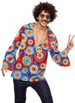 Men 1970s Disco Costum V Neck Floral Printed Collared Shirt Bell Sleeves Hippy Outfit Peace & Love L