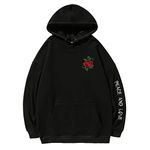 SUNNY GUO Rose Embroidered Hoodie For Men Women Long Sleeve Letters Printed Hip Hop Hoodie Hooded Sweatshirt, Black, Medium