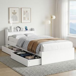 Artiss King Single Bed Frame with Storage Headboard, Wooden Bed Base with 2 Storage Drawers, Solid Platform Bedframe with Charger, No Box Spring Needed for Guest Room, Bedroom Furniture, Easy Assembly