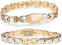 linnalove Double Heart Medical Alert Bracelet for Women 7.5" Gold ID Bracelets with Pre-Engraving Lymphedema NO BP/IV/Needles This ARM