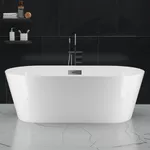 59" Freestanding Bathtub, White Acrylic Streamline Stand Alone Soaking Bath Tubs for Adult with Overflow and Drain in Chrome, cUPC Certified, Perfect for Your Bathroom-Marine