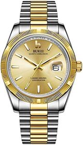 BUREI Mens Luxury Quartz Watch Gold Dial Analog Calendar Display Antireflective Sapphire Crystal with Stainless Steel Case and Band,Silver Gold
