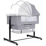 Baby Bassinet Bedside Sleeper, 3 in 1 Bedside Bassinet for Baby with Mosquito Nets and Wheels, Large Storage Bag, Heigt Adjustable, Easy Assemble (Gray)