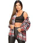 Womens Ladies Check Fleece Casual Jacket Shacket Top Tartan Long Sleeve Button Up T Shirt Coat Tunic Blouse Plus Oversize Baggy Red Multi UK Size S-08