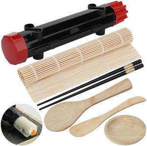 Kssvzz 6 Pcs Sushi Making Kit, Multifunctional Sushi Maker with Sushi Rolling Mat, Sushi Bazooka, Chopsticks, Paddle, Spreader, Sauce Dish, Make Your Own Sushi at Home, Portable Sushi Kit for Picnic