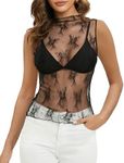 NENONA Women's Sleeveless Mesh Sheer Tops Mock Neck Lace Floral See Through Tank Shirts, Black, Medium