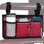 Wheelchair Side Bag, Wheelchair Armrest Storage Pouch with Cup Holder and Reflective Strip for Wheelchairs, Walkers or Rollators (Red)