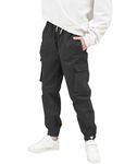 HIBETY Boy's Cotton Cargo Pants, UPF 50+ Sun Protection Hiking Pants, Breathable Jogger Pants for Kids Black-L