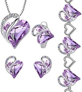 Leafael Infinity Love Heart Necklace, Stud Earrings, Bracelet, and Ring Set, June Birthstone Crystal Jewelry, Silver Tone Gifts for Women, Alexandrite Light Purple
