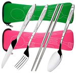 8 Pieces Flatware Sets Knife, Fork, Spoon, Chopsticks, SENHAI 2 Pack Rustproof Stainless Steel Tableware Dinnerware with Carrying Case for Traveling Camping Picnic Working Hiking(Green,Pink)