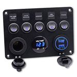 Marine Switch Panel- 5 Gang ON-Off Toggle Switch+ 2 USB Outlet +Cigarette Lighter +Waterproof LED Voltage Display for Car Marine RV Truck Camper (Blue Light)