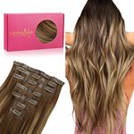 WENNALIFE Seamless Clip In Hair Extensions, 14 Inch 130g 7pcs Balayage Chocolate Brown to Caramel Blonde Hair Extensions Clip in Human Hair Invisible PU Skin Weft Natural Remy Human Hair Extensions