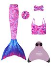 Planet Mermaid Kids Exclusive 5 Piece Set Mermaid Tail Swimming Costume for Girls. Includes Swimming Aid 'Pink Magic Fin', Tail, Tankini Top & Hair Accessories. Ocean Kiss. Age-8-9 Years