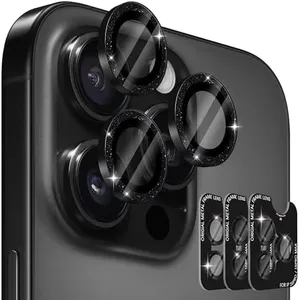 (3 Sets) Orzero Compatible for iPhone 16 Pro 6.3 inch/iPhone 16 Pro Max 6.9 inch Camera Lens Protector Bling, One-Step Installation Tray Individual Metal Ring Glass Cover Case Friendly - Black