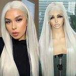 Sapphirewigs Platinum Blonde Lace Front Wigs Long Straight Hair #60 White Wig 13×6 Synthetic Lace Front Wigs for Fashion Women Kanekalon Futura Hair Daily Party Use 26inch