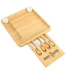 Premsons® Bamboo Cheese Board and Knife Set,Wood Charcuterie Platter with Slide-Out Drawer for Cutlery, 4 Stainless Steel Knives and 4 Forks Single Wheel, 750W