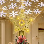 RNSSEZ Christmas Tree Toppers Decorations with LED Rotating Snowflake Projector, 3D Golden Glitter Star Tree Topper Starry Night Light for Xmas Tree Decoration (Golden Star Tree Toppers)