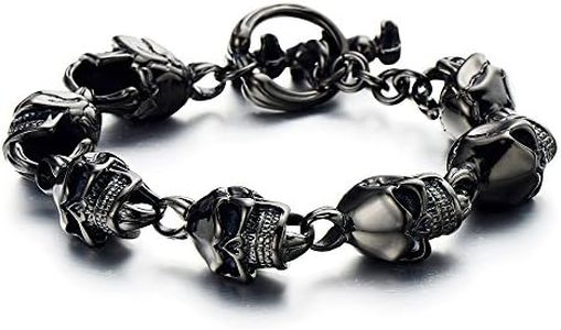 COOLSTEELANDBEYOND Biker Pulsera De Hombre, Negro Brazalete Cráneo, Acero Inoxidable, Espejo Pulido, Gótico, Punk