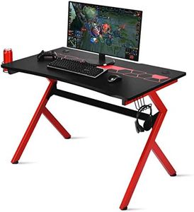 COSTWAY Gaming Desk with Cup Holder and Headphone Hook, R/K-Shaped Racing Style E-Sports PC Gamer Table, Ergonomic Study Writing Computer Workstation (Black+Bed, 115 x 66 x 77cm)