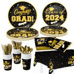 Graduation Party Decorations Class of 2024: Disposable Dinnerware Set for 25 Guests Includes Paper Plates, Napkins, Cups, Tablecloth, Cutlery and Spoons, College Grad Party Supplies, Black & Gold