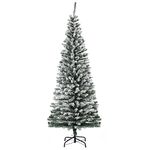 HOMCOM 6ft Snow Flocked Pencil Christmas Tree, Artificial Slim Xmas Tree with Realistic Branch Tips, Folding Metal Stand, Green