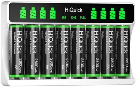 HiQuick 8-slot AA AAA LCD Battery Charger, 5V 2A Type C Input, with 8 x 2800mAh AA NI-MH Rechargeable Batteries, Battery and Charger Set