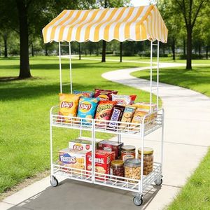 Quvex Portable Outdoor Vendor Cart with Striped Canopy, 2-Tier Mobile Food Display Stand on Lockable Wheels, Tool-Free Foldable Heavy-Duty Metal Market Stall for Farmers Market, Street Food, 78.7" H