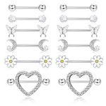 ORAZIO 6 Pairs 14G Nipple Rings for Women Men 316L Stainless Steel Heart Butterfly Moon CZ Flower Barbell Nipple Rings Set Cute Nipplerings Tongue Bars Body Piercing Jewelry