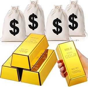 HyDren Fake Gold Bar Replica Golden Brick Bullion Glittering Movie Prop Money and Canvas Drawstring Bag Pouch for Stage Decoration Pirate Costume Party Supplies Paper Weight Door Stop, 6.5 Inch