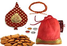 Velour Shoppe Bhaiya Dooj Badam Potli100gms Tikka Thread, Roli, Chawal, Chandan, Mishri for Bhai Bhau Beej Phota Gift