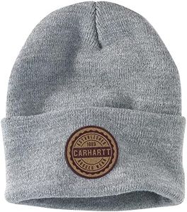 Carhartt Men's Knit Rugged Wear Patch Beanie Hat, Heather Grey, One Size