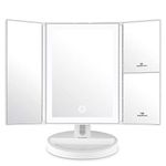 Auxmir Vanity Makeup Mirror with LED Light, 1X/5X/10X Trifold Magnifying Mirror, Dual Power Dimmable Cosmetic Mirror with Touch Screen, 180°Rotation Brightness Adjustable Lighted Dressing Table Mirror