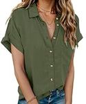 Hotouch Women's Linen Blouse Short Sleeve Button Down Shirts 100% Cotton Collared Summer Short Sleeve Blouses Tops Army Green